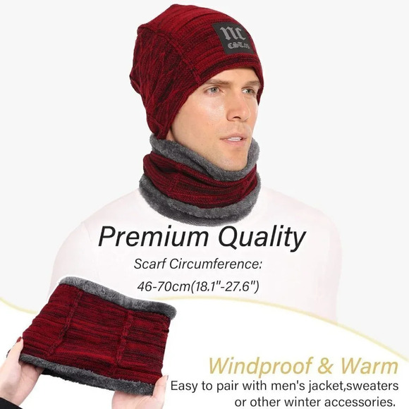 Unisex Winter Beanie Hat Scarf Set Warm Knit Hats Cap Neck Warmer - Picture 3 of 5